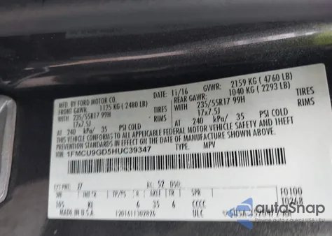 2017 Ford Escape Se z USA, uszkodzony, nr VIN 1FMCU9GD5HUC39347